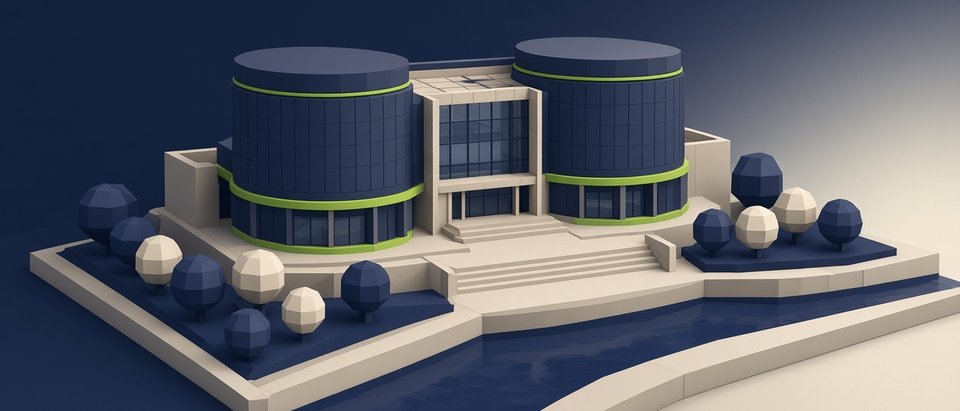 3D model of the Human Rights Building in Strasbourg: two cylindrical towers linked by a glazed hall, by the water.