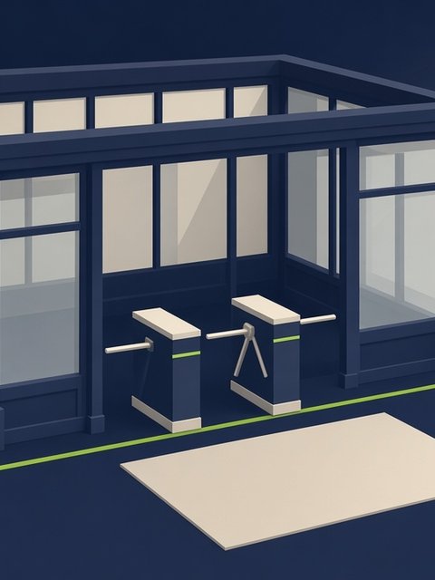 3D model of a court entrance: two closed turnstiles under a glazed portico.