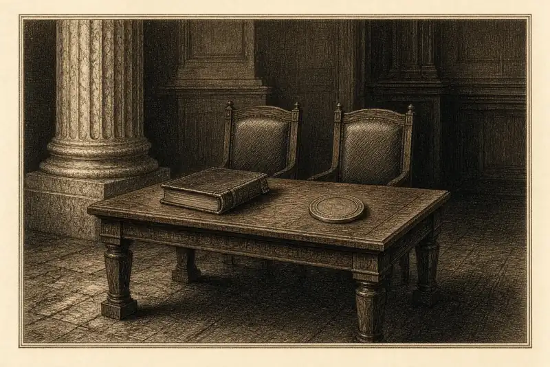 Une petite table, deux chaises vides, un registre fermé, un sceau sans inscription.