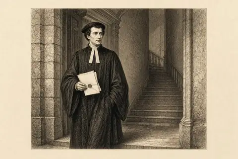 Un commissaire de justice en robe et toque, sur le seuil d’un escalier, des feuillets scellés à la cire à la main.