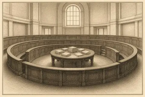 Une salle ronde : des bancs vides en anneaux autour d’une table ronde chargée de feuillets, sans tribune.