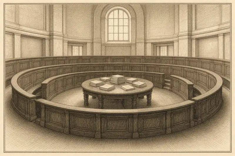 Une salle ronde : des bancs vides en anneaux autour d’une table ronde chargée de feuillets, sans tribune.