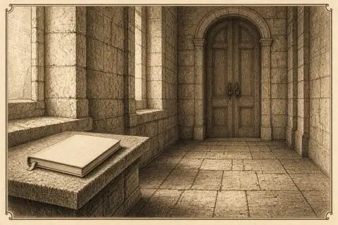 Un couloir de pierre, une porte close, un registre fermé sur une banquette.