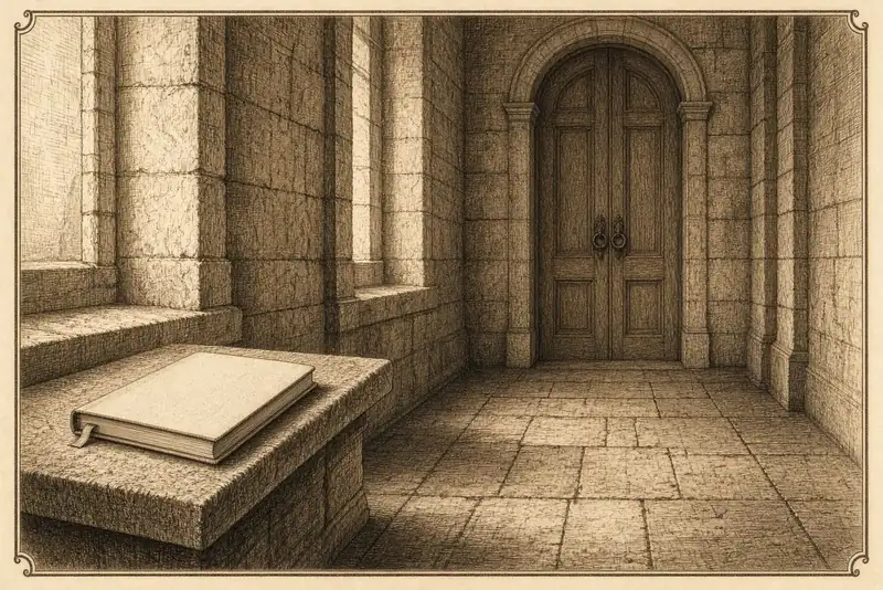 Un couloir de pierre, une porte close, un registre fermé sur une banquette.
