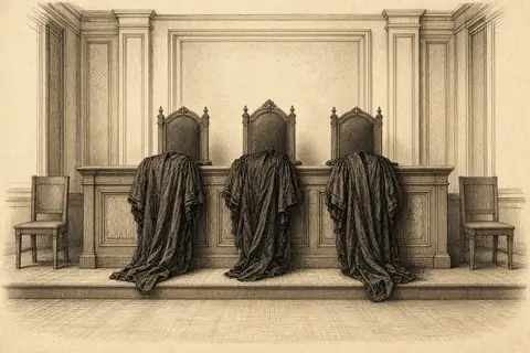 Trois robes noires drapées sur les fauteuils d’une estrade vide, une chaise nue de chaque côté.