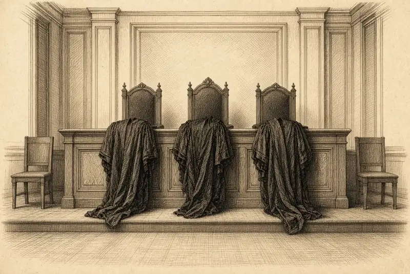 Trois robes noires drapées sur les fauteuils d’une estrade vide, une chaise nue de chaque côté.