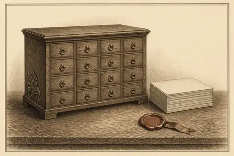 Un meuble à tiroirs, une liasse blanche, un sceau sans inscription.
