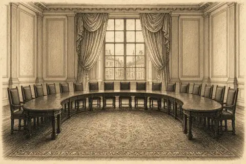 Une table en arc de cercle, des chaises vides, une haute fenêtre.