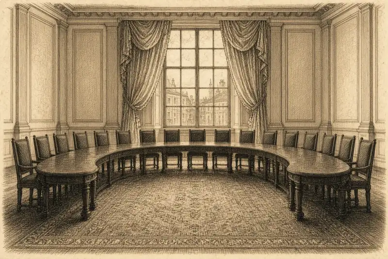 Une table en arc de cercle, des chaises vides, une haute fenêtre.