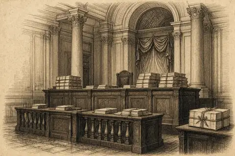 Une salle des comptes vide : des liasses sur l’estrade, un fauteuil seul, des colonnes.