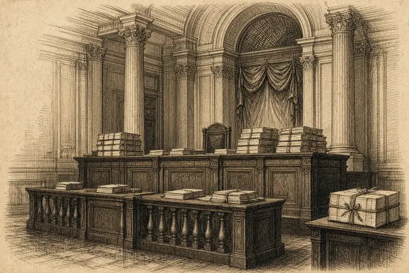 Une salle des comptes vide : des liasses sur l’estrade, un fauteuil seul, des colonnes.