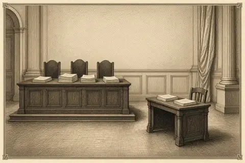 Une longue table de décision et, à l’écart, d’un petit bureau avec une chaise vide.