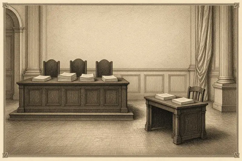 Une longue table de décision et, à l’écart, d’un petit bureau avec une chaise vide.