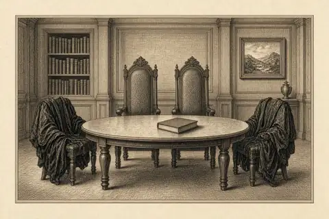 Une table ovale, deux hauts fauteuils, des robes drapées sur deux chaises, un livre fermé.