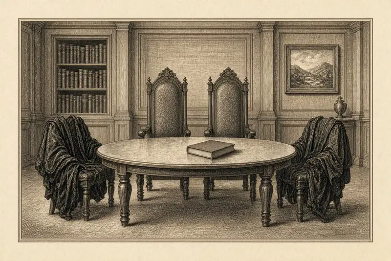Une table ovale, deux hauts fauteuils, des robes drapées sur deux chaises, un livre fermé.