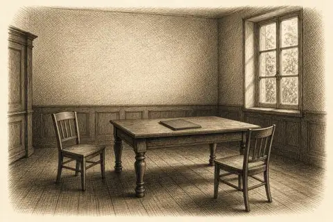 Un bureau vide : une table, deux chaises, un dossier fermé, une fenêtre.