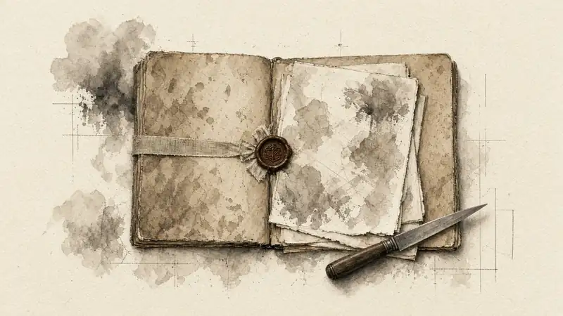 Un dossier ouvert, vu du dessus, fermé d’un ruban et d’un cachet de cire, avec des feuillets tachés et un coupe-papier. Les feuilles ne portent pas de texte lisible.
