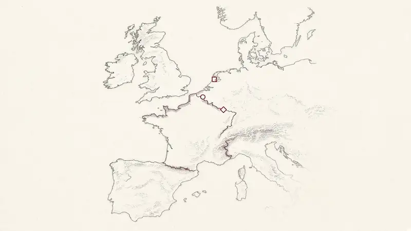 Carte de l’Europe occidentale, sans noms de pays ; ses trois repères, sans légende, ne marquent pas les sièges des cours.