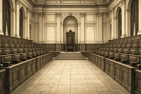 Une assemblée vide : deux bancs qui se font face, un fauteuil seul au fond.