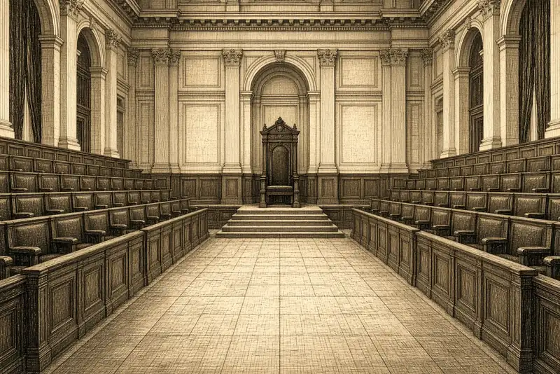Une assemblée vide : deux bancs qui se font face, un fauteuil seul au fond.