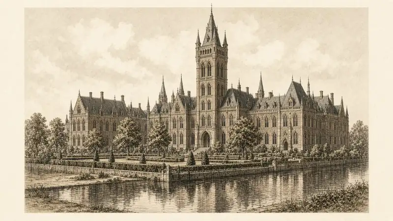 Palais imaginaire de brique et de pierre, avec une tour, un jardin et un canal. Personne dans l’allée. Ce n’est ni le Palais de la Paix ni le bâtiment de la Cour pénale internationale.