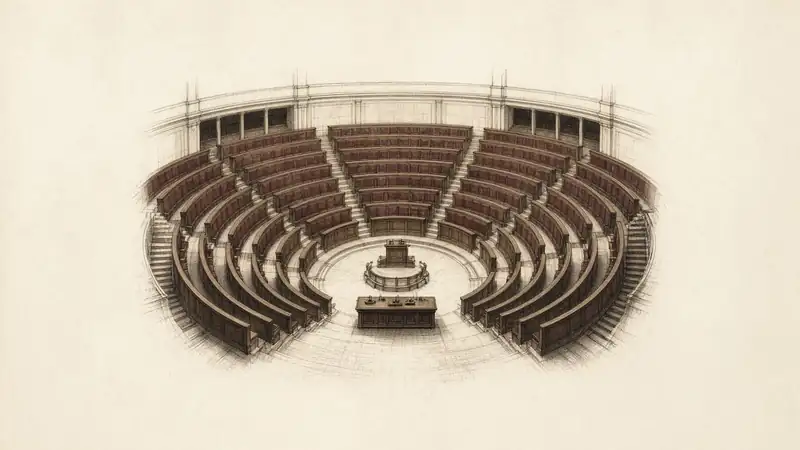 Un hémicycle vide, vu du dessus : des bancs en demi-cercle autour d’une tribune.