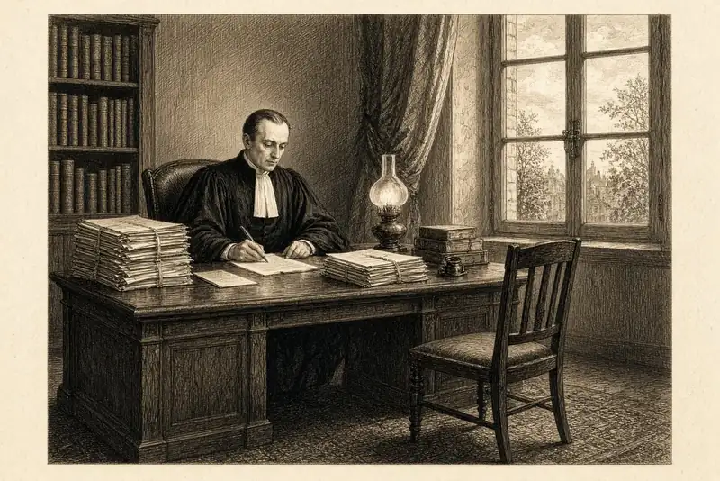 Un juge d’instruction dans un cabinet, des liasses sur le bureau, une chaise vide en face.