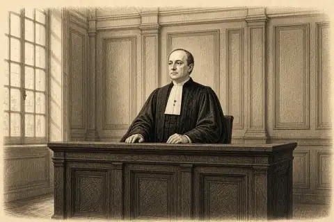 Un magistrat en robe noire, assis derrière l’estrade, les mains posées.