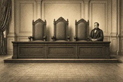 Un citoyen en habit civil, assis sur le même banc que trois fauteuils de magistrats vides.
