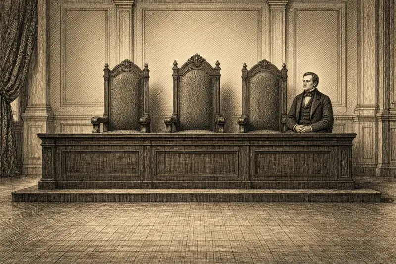 Un citoyen en habit civil, assis sur le même banc que trois fauteuils de magistrats vides.