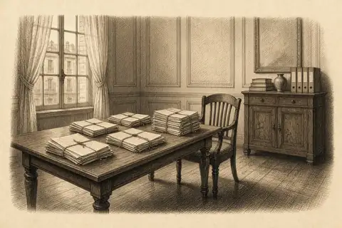 Un bureau administratif vide, des liasses liées sur une table, une chaise.