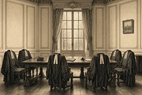 Une table de conseil, des robes noires à bandes blanches sur les chaises, personne n’est assis.