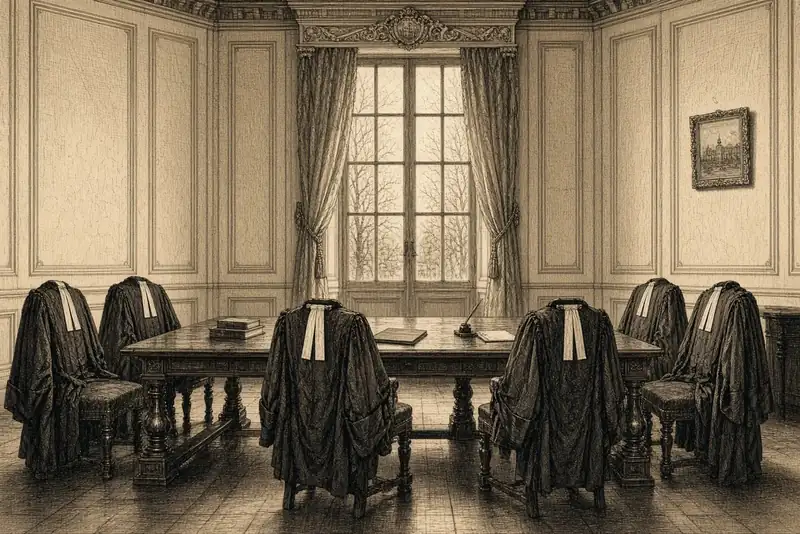 Une table de conseil, des robes noires à bandes blanches sur les chaises, personne n’est assis.