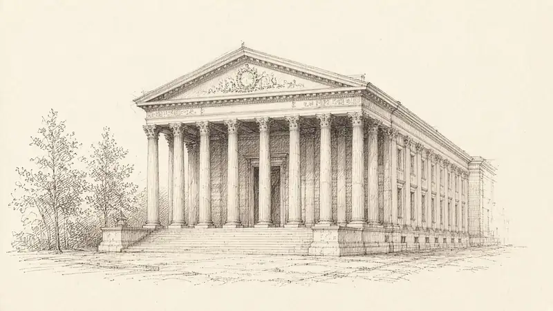 Palais de justice dessiné à l’encre : colonnade et fronton, sans personnages.