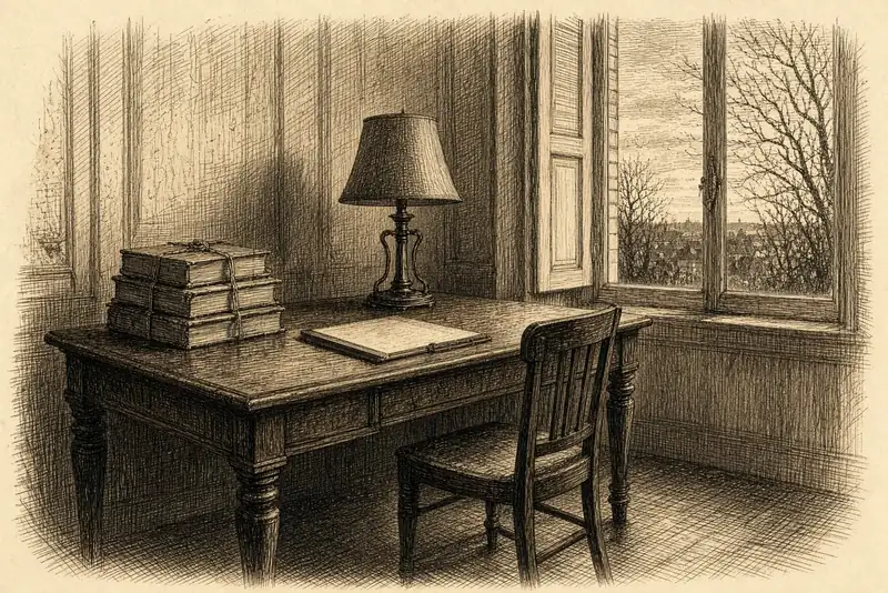 Un cabinet étroit : un bureau, une lampe éteinte, des registres liés, une chaise vide.
