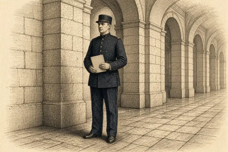 Un policier en uniforme sombre, un carnet fermé, sous une galerie de pierre.