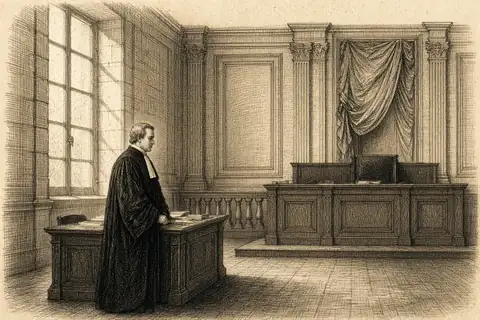 Un procureur debout à un bureau bas, l’estrade vide à l’écart.