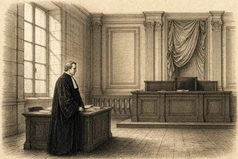 Un procureur debout à un bureau bas, l’estrade vide à l’écart.