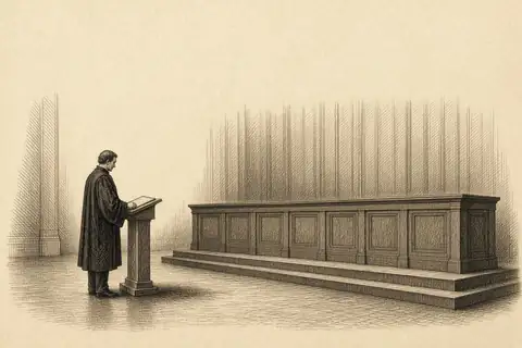 Un magistrat debout à un pupitre de côté, l’estrade au-dessus restée vide.