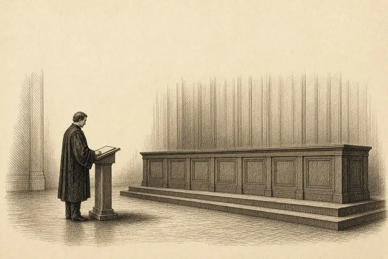 Un magistrat debout à un pupitre de côté, l’estrade au-dessus restée vide.
