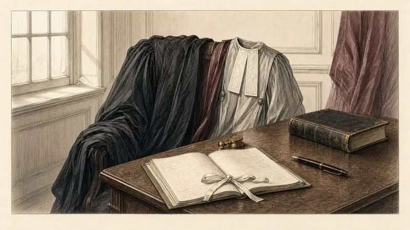 Un fauteuil vide près d’une fenêtre, où sont posées une robe noire et une robe claire à rabat ; sur la table, un registre ouvert noué d’un ruban, un cachet en laiton, un livre fermé et un stylo.