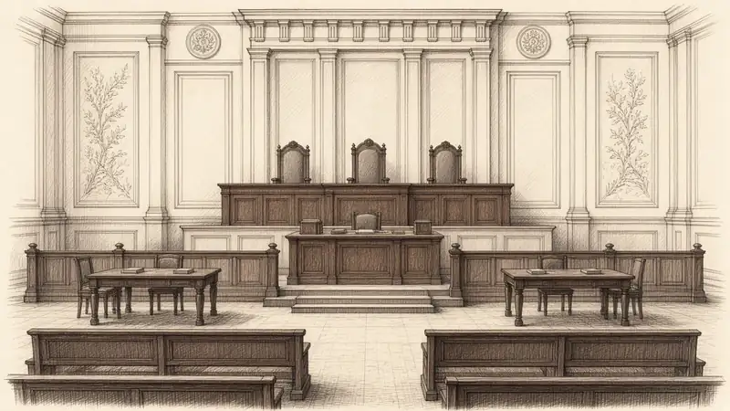 Une salle d’audience vide : l’estrade et ses trois fauteuils, le bureau du greffe en contrebas, deux tables de part et d’autre derrière des balustrades, et les bancs du public.