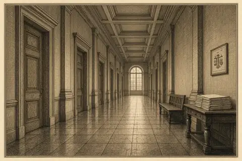 Un long couloir vide, des portes closes, un banc, une liasse sur une table.
