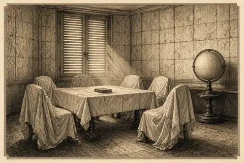 Une petite salle abandonnée : des chaises sous des housses, un globe sans légende, des volets clos.