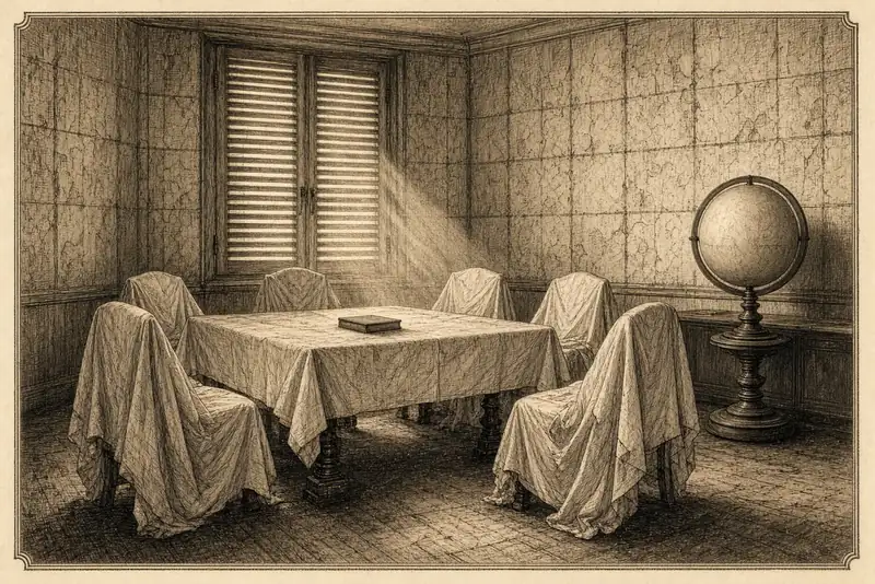 Une petite salle abandonnée : des chaises sous des housses, un globe sans légende, des volets clos.