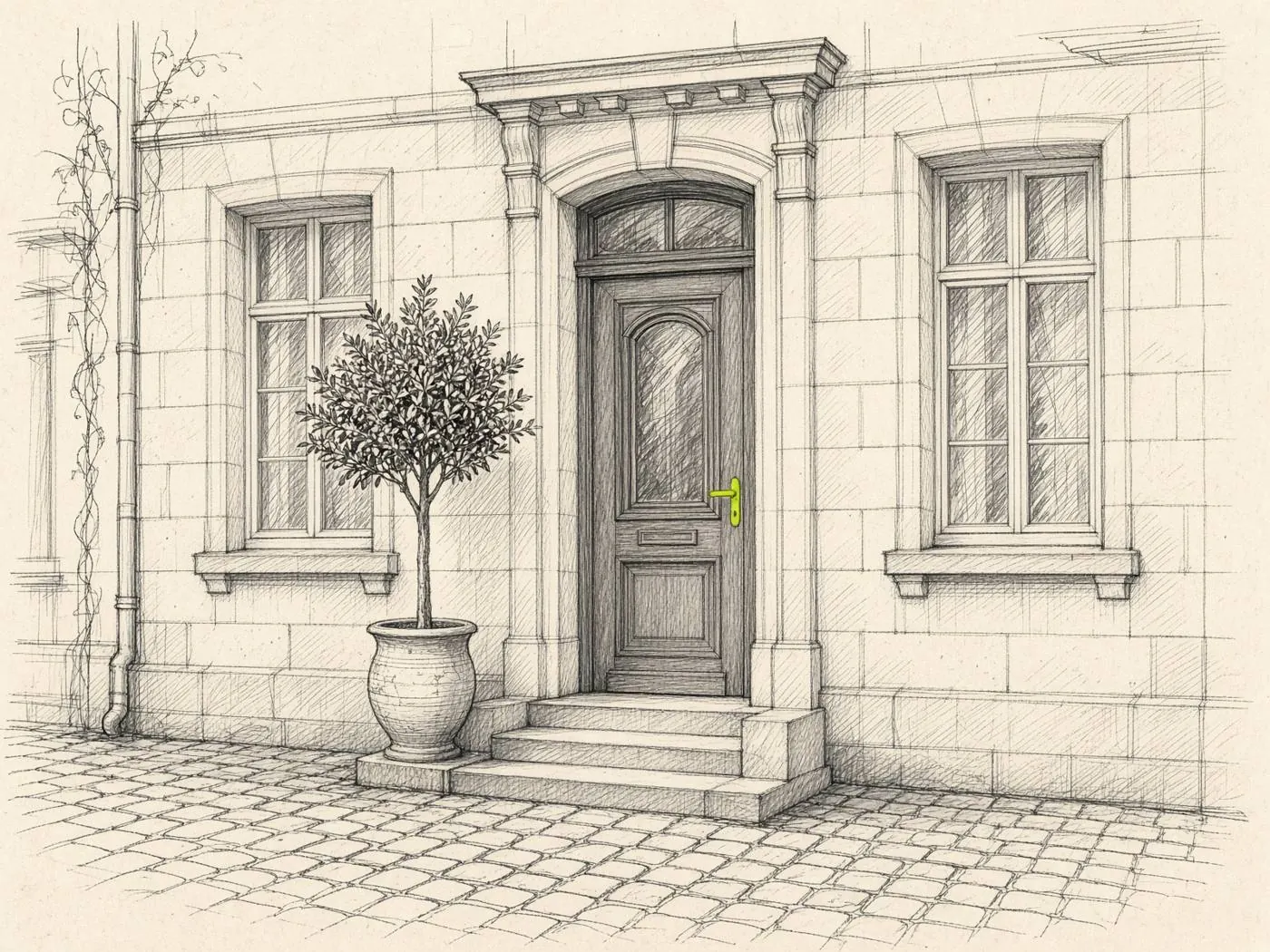 Porte d'immeuble, poignée marquée d'un trait citron.