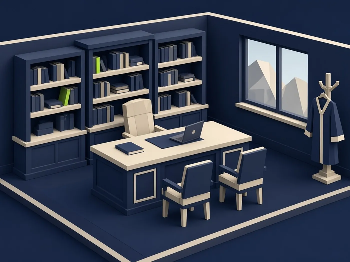 Maquette 3D d'un bureau d'avocat : bibliothèques, bureau, fauteuils et robe sur un portemanteau.