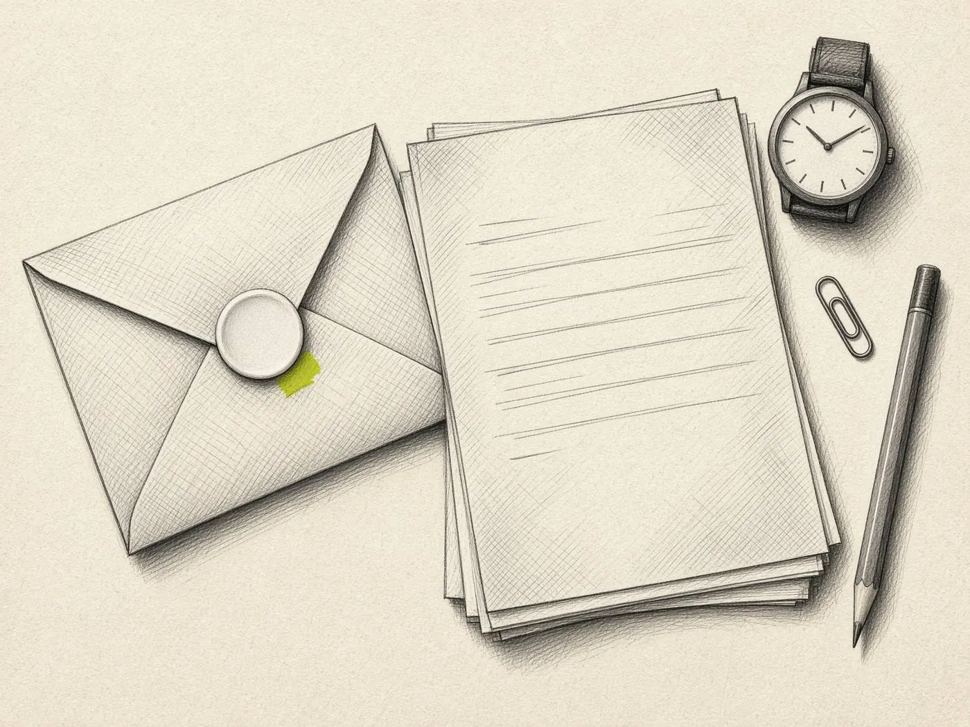 Dossier ouvert, enveloppe et montre.
