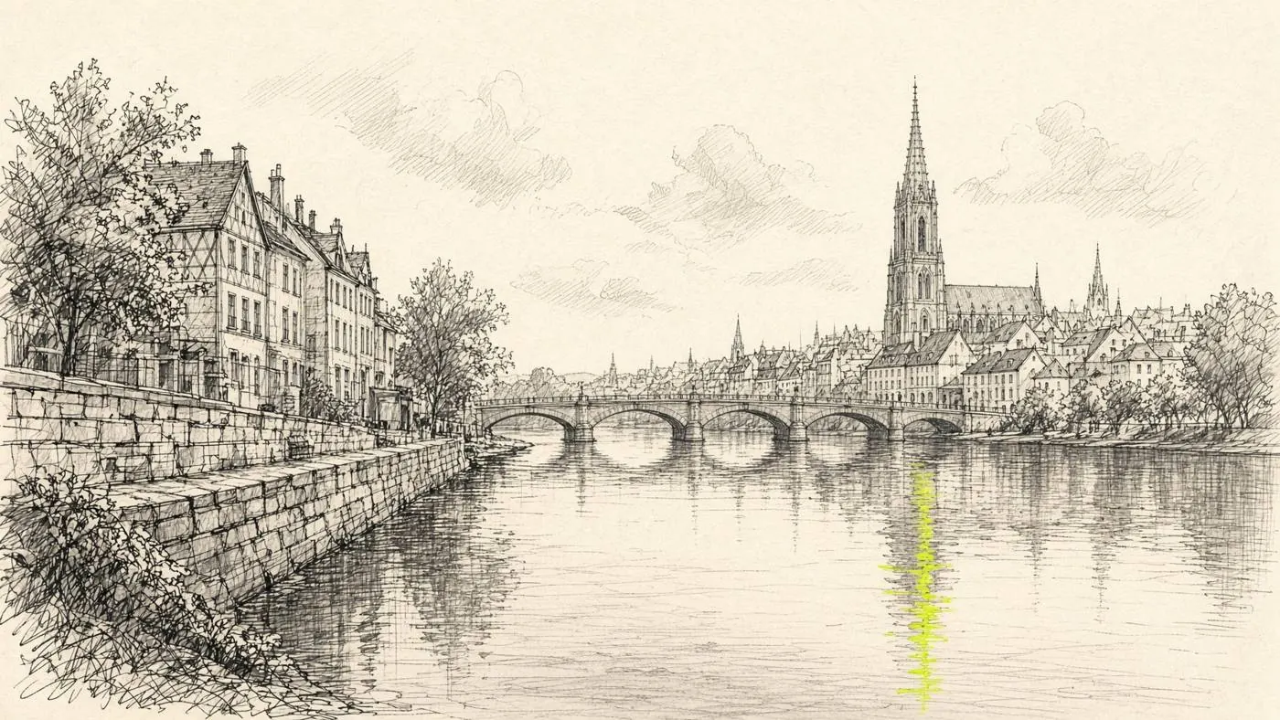 Quai, pont et flèche, avec un reflet citron dans l'eau.