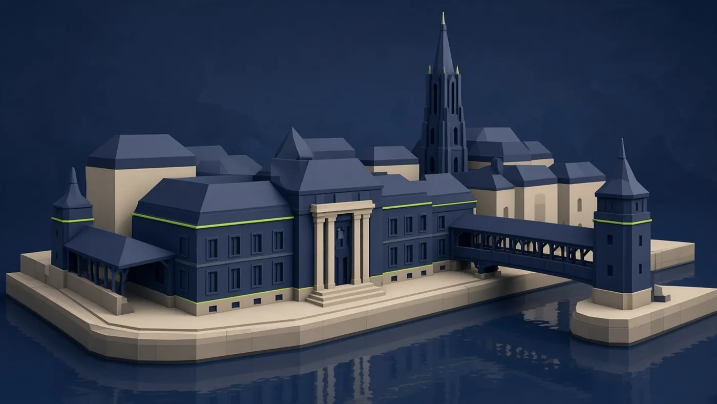 Maquette 3D de Strasbourg : flèche de la cathédrale, maisons, passerelle et bord de l'eau.